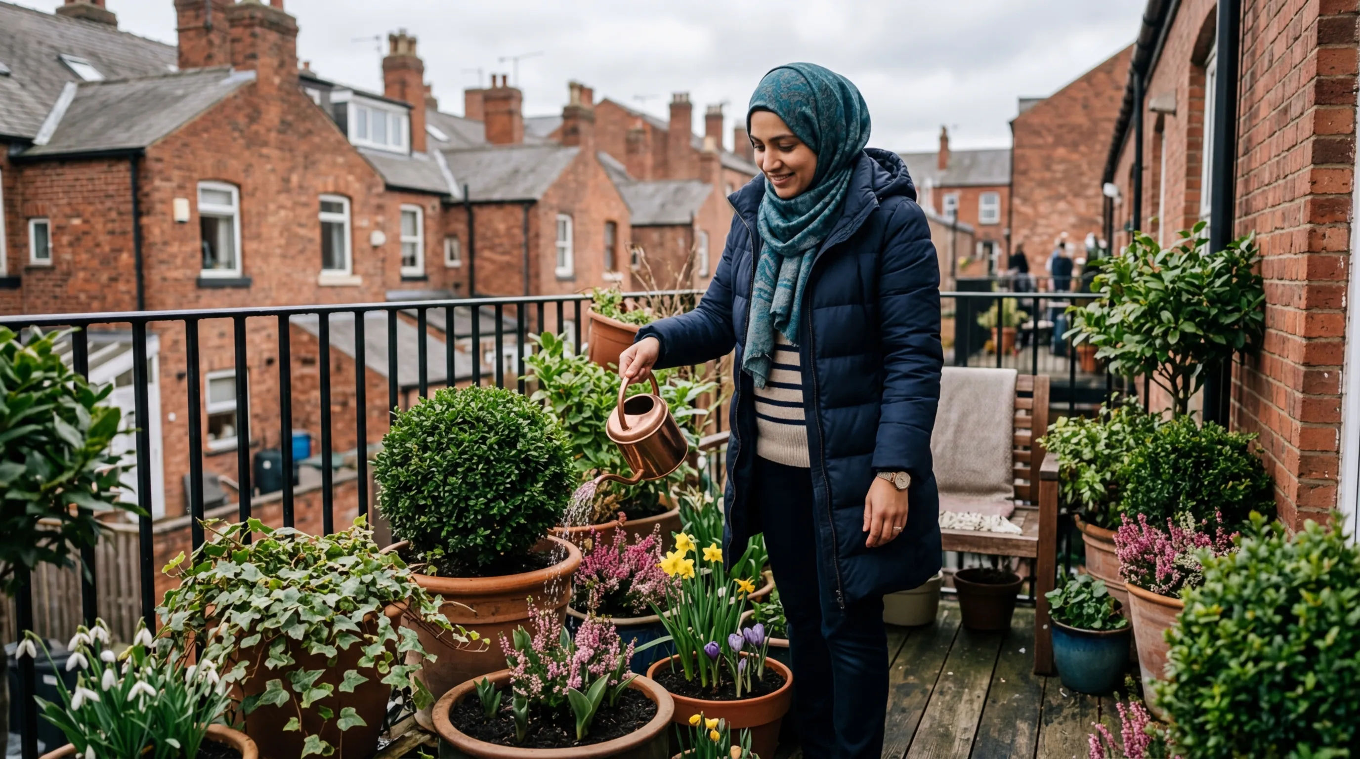 Best plants for pots year-round displayed on a UK city balcony with evergreen box balls, trailing ivy, winter heathers, and spring bulbs