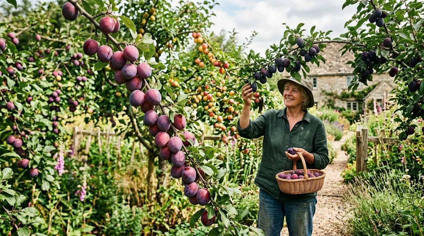UK garden scene showing best plum tree varieties tested in seasonal context