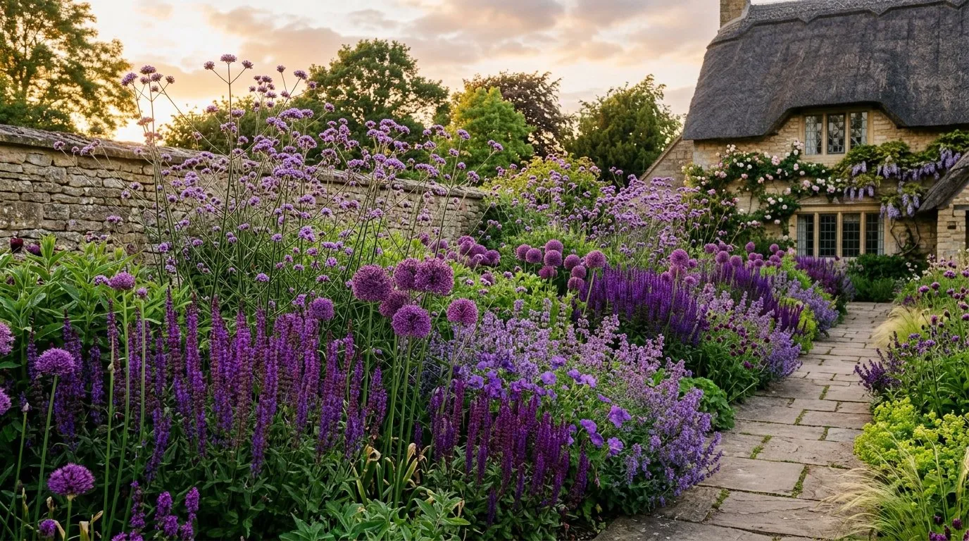 Purple flowers UK border with alliums, salvias and verbena bonariensis in golden hour light