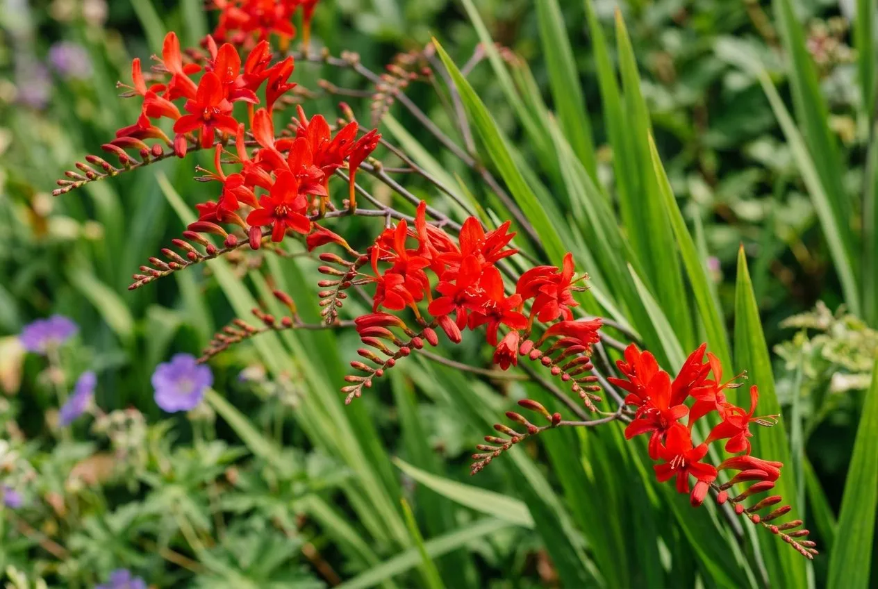 Arching scarlet sprays of crocosmia Lucifer against green strap leaves in a sunny border