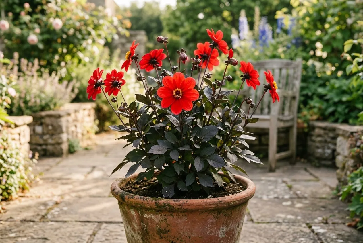 Dahlia Bishop of Llandaff with single scarlet flowers and dark bronze foliage in a container