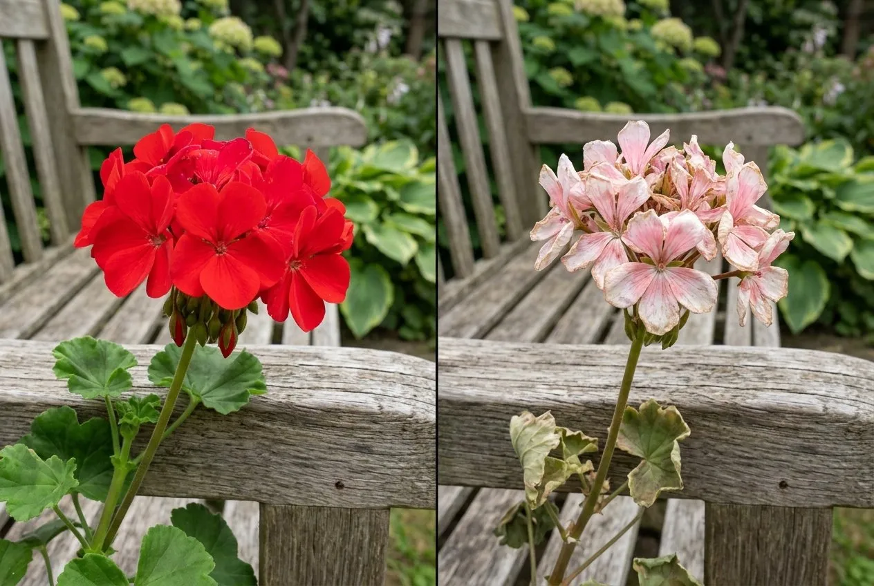 Side-by-side comparison of a vivid fresh scarlet flower and a sun-bleached pink one on the same plant