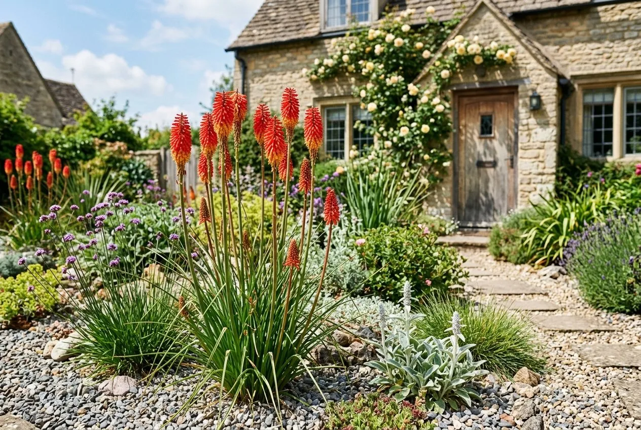 A mature clump of red hot poker Kniphofia in flower in a gravelly sunny UK front garden