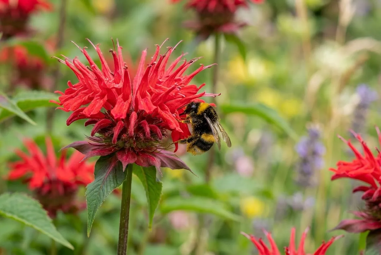 Scarlet Monarda Cambridge Scarlet flowers with a bumblebee feeding, in a wildlife border