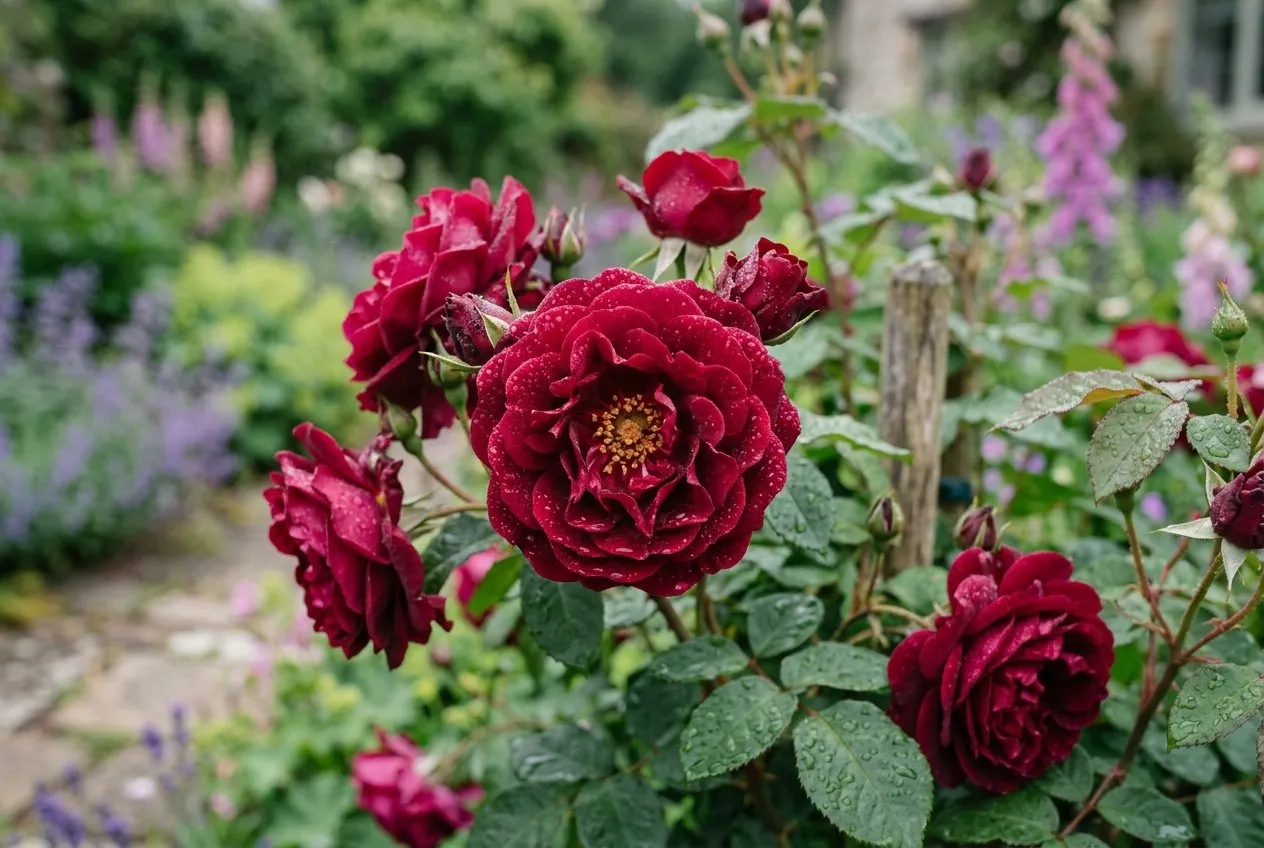 Deep crimson scented blooms of Rosa Munstead Wood on a shrub rose in a cottage garden border