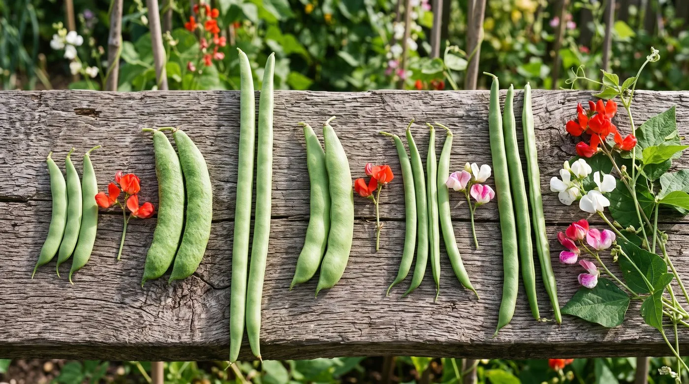 Runner bean pods and flowers from six varieties arranged side by side without labels