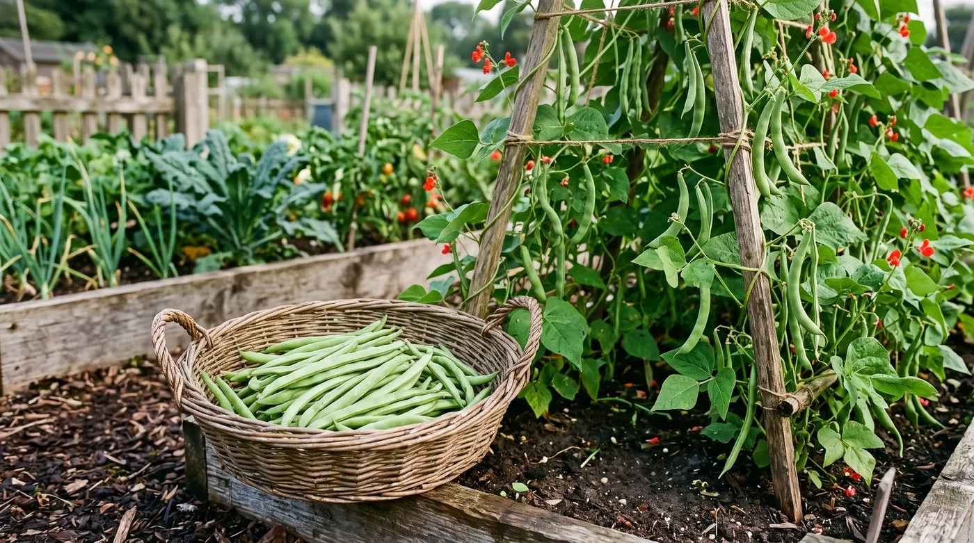 A shallow basket holding a realistic household harvest of young runner beans beside an allotment frame