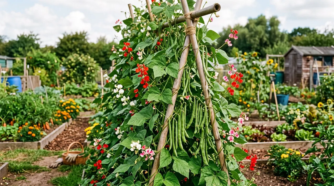 Productive red, white and pink-flowered runner bean varieties growing on a British allotment frame