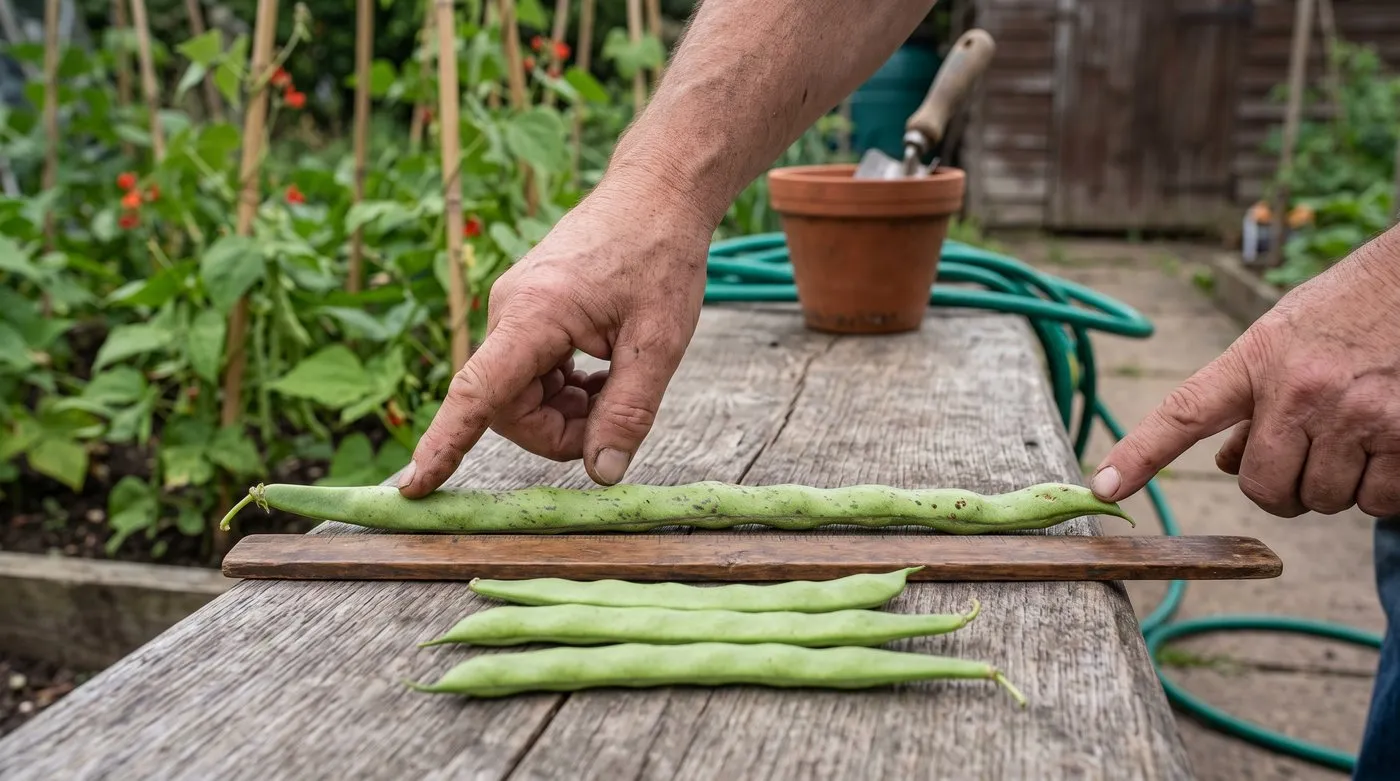 A gardener measuring a long straight Benchmaster style runner bean beside younger table pods