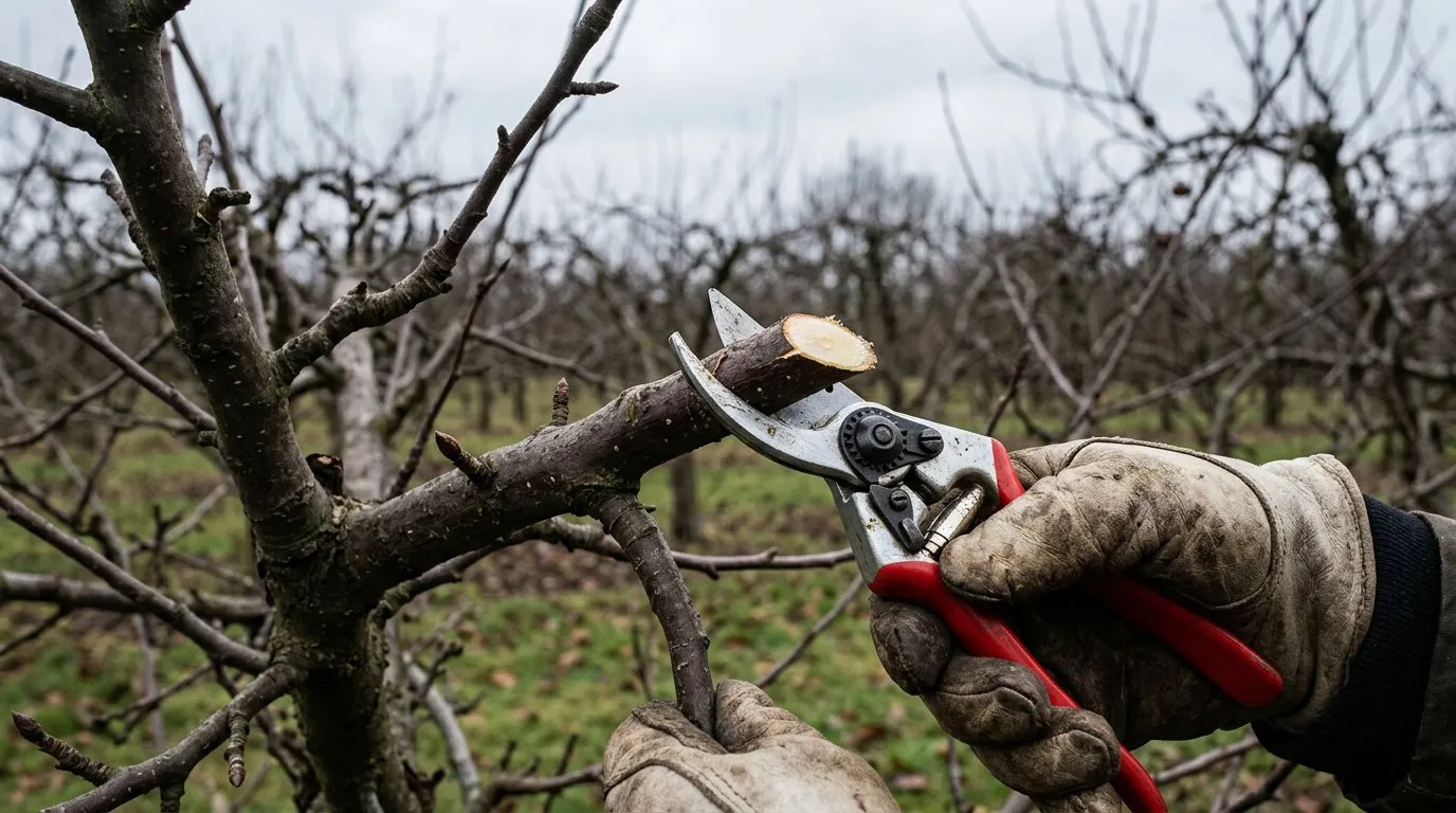 Secateurs pruning a dormant fruit tree branch in a UK winter orchard