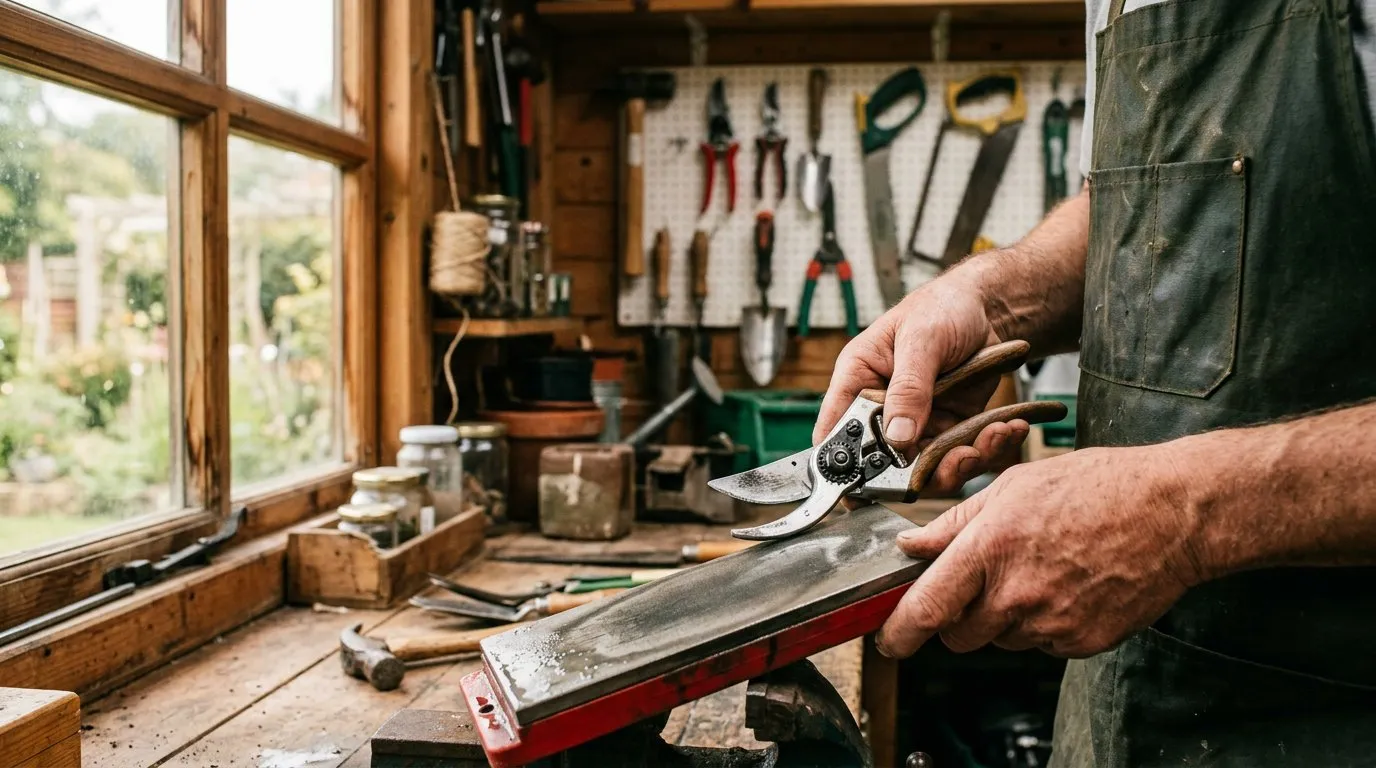 Secateurs being sharpened on a diamond stone in a UK garden shed workshop