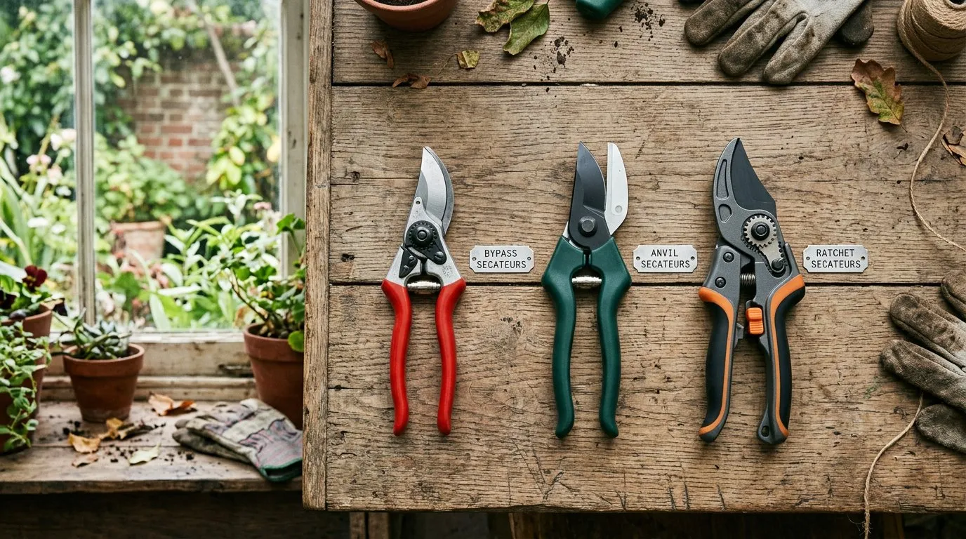 Bypass, anvil, and ratchet secateurs compared side by side on a wooden workbench