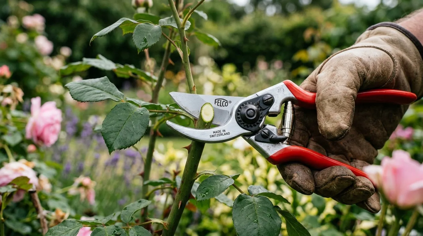 Best secateurs making a clean cut through a rose stem in a UK garden