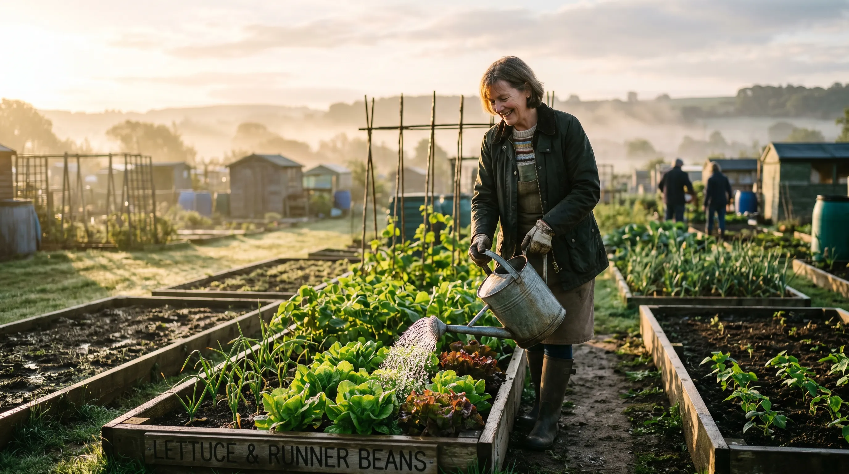Gardener watering a raised vegetable bed at dawn in a UK allotment, golden light and long shadows