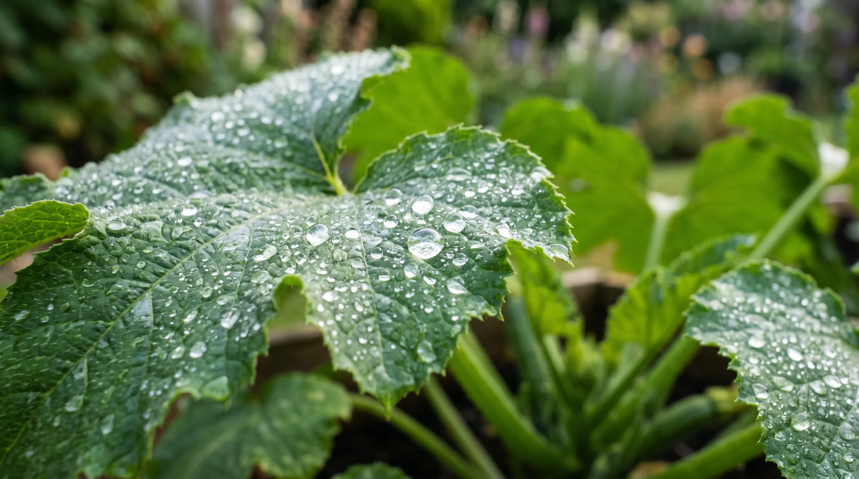 Water droplets beading on dewy green courgette leaves in soft early morning light in a UK garden