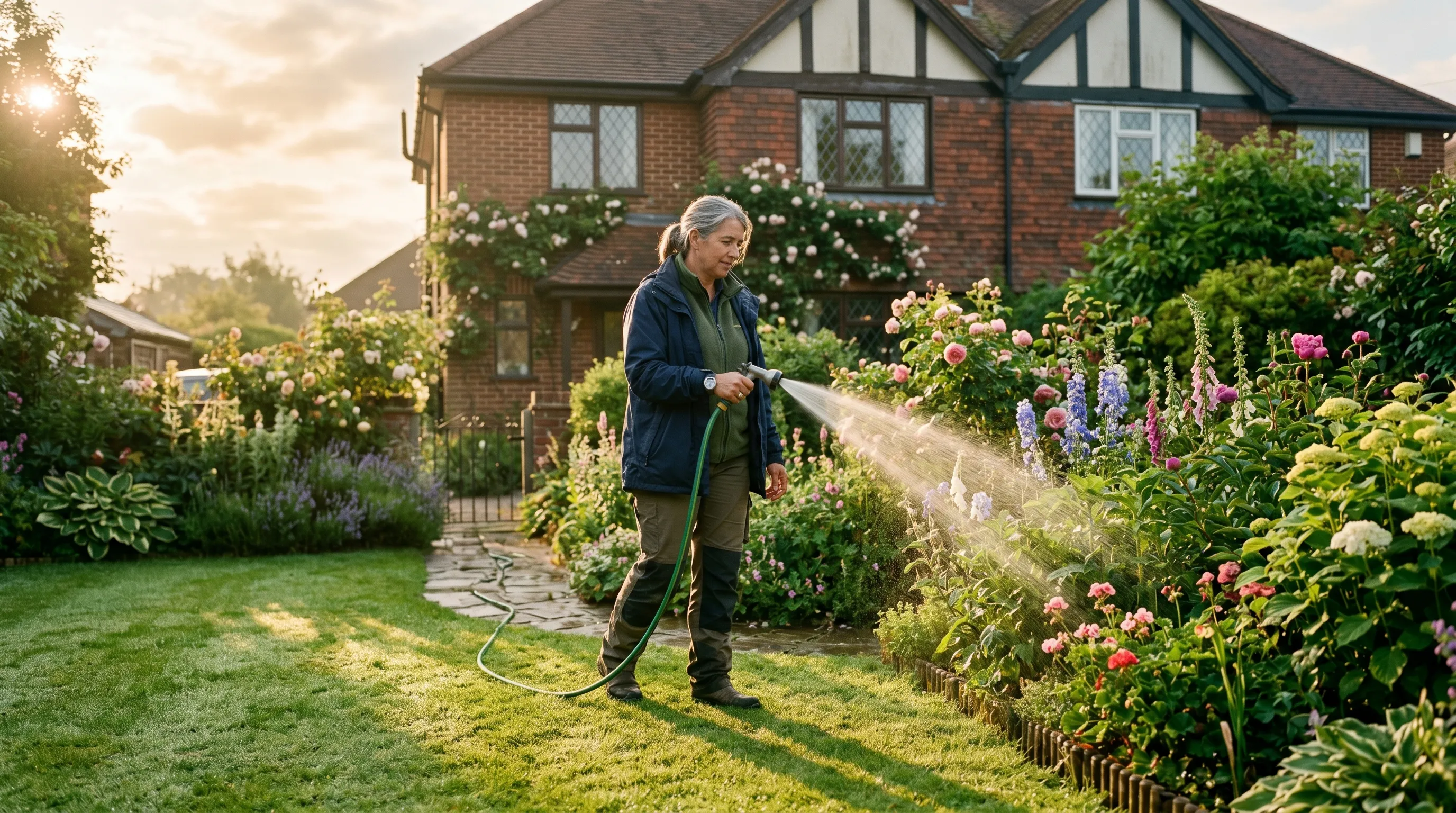 Gardener watering a green lawn and flower border with a hose at dawn outside a UK suburban house, long shadows on the grass