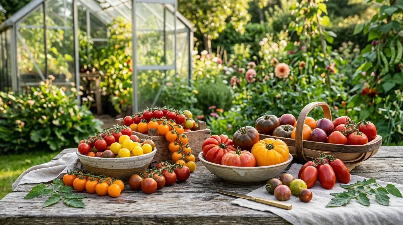 Colourful mix of tomato varieties including cherry, beefsteak, and heritage tomatoes harvested in a UK garden