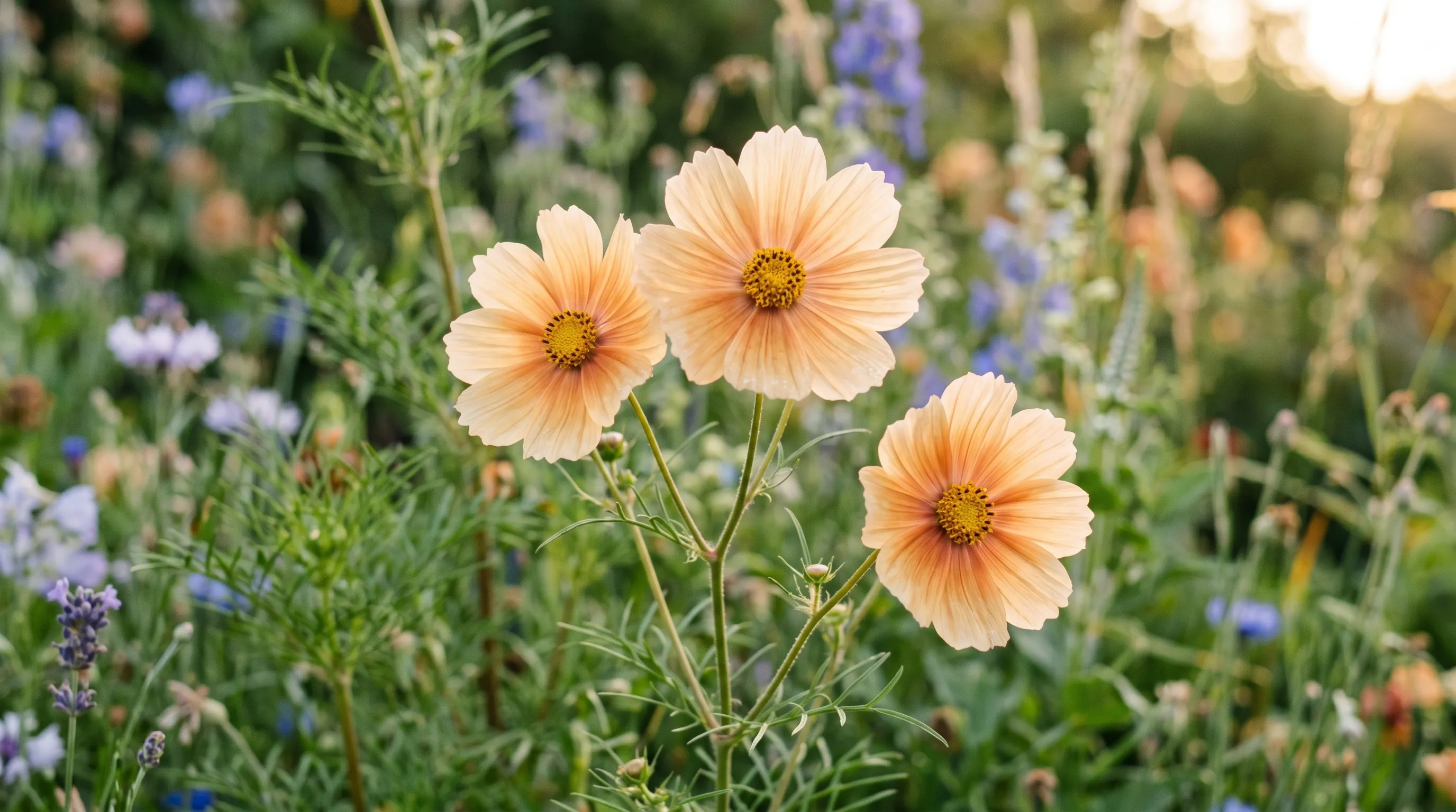 A close-up of three peach Cosmos Apricotta flowers on a single stem in a UK cottage garden border, showing the colour shift from pale apricot at the edges to deeper peach at the centre
