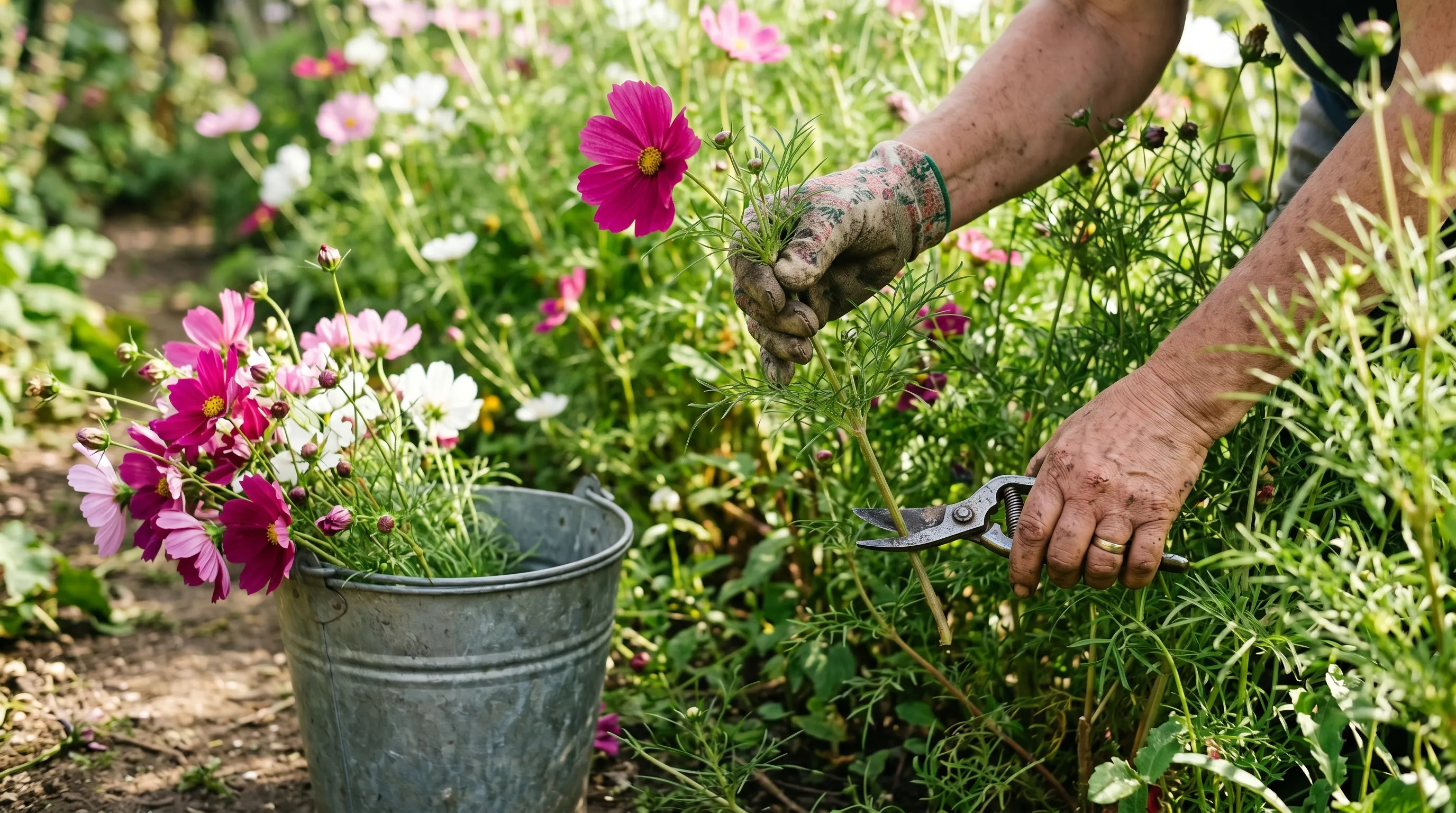 A UK gardener's hand cutting a Sensation cosmos stem deep into the plant with sharp scissors, the white flower head held above and a bunch of just-picked cosmos stems in a galvanised metal bucket beside