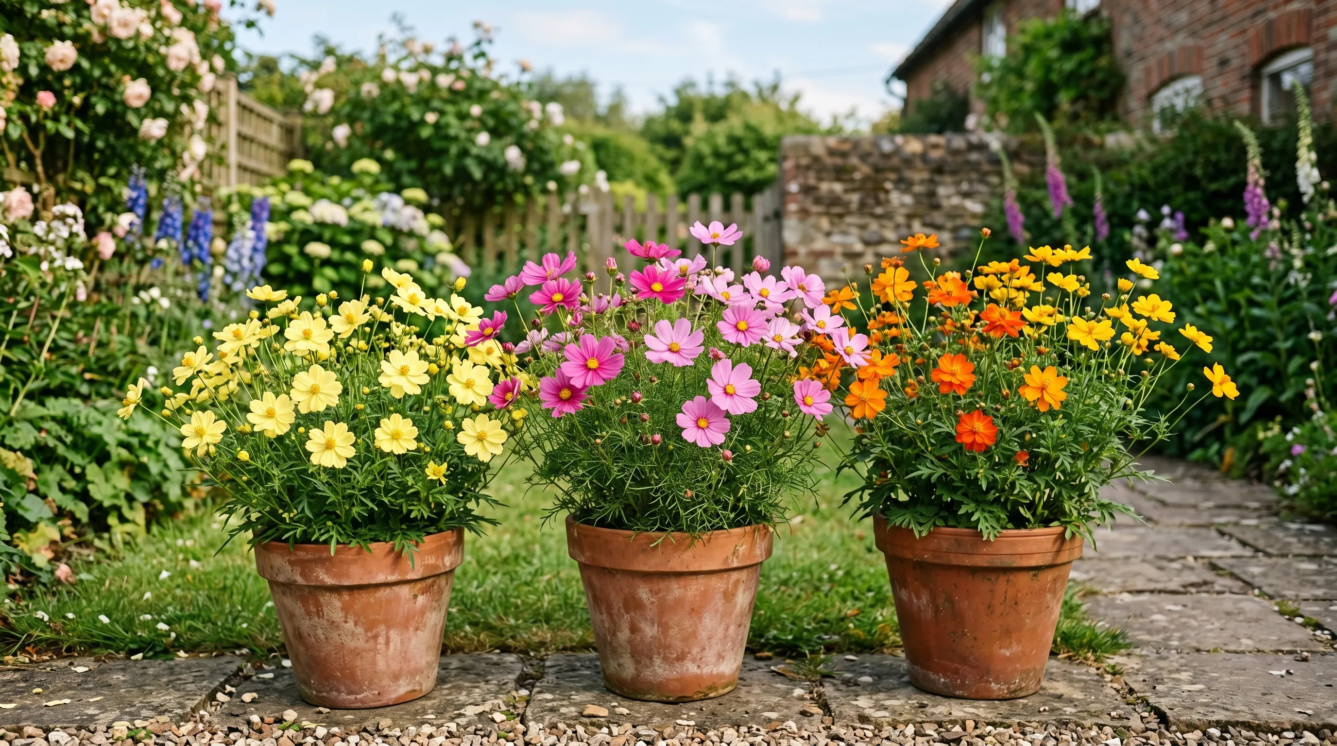 A row of mixed dwarf cosmos varieties (Xanthos yellow, Sonata pink and Cosmic orange) growing in terracotta containers along a UK back garden path, all in full flower at 40-60cm tall