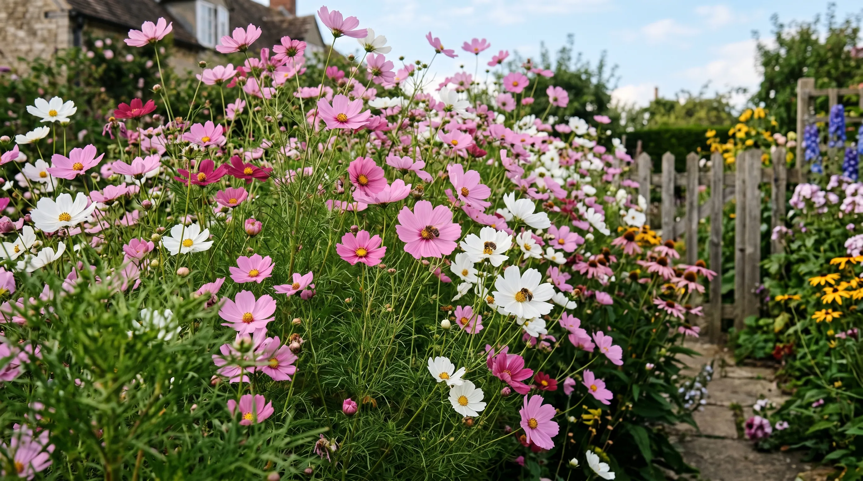 A UK cottage garden border in late August showing tall pink and white Sensation cosmos flowering en masse with bee activity on the flat petalled blooms