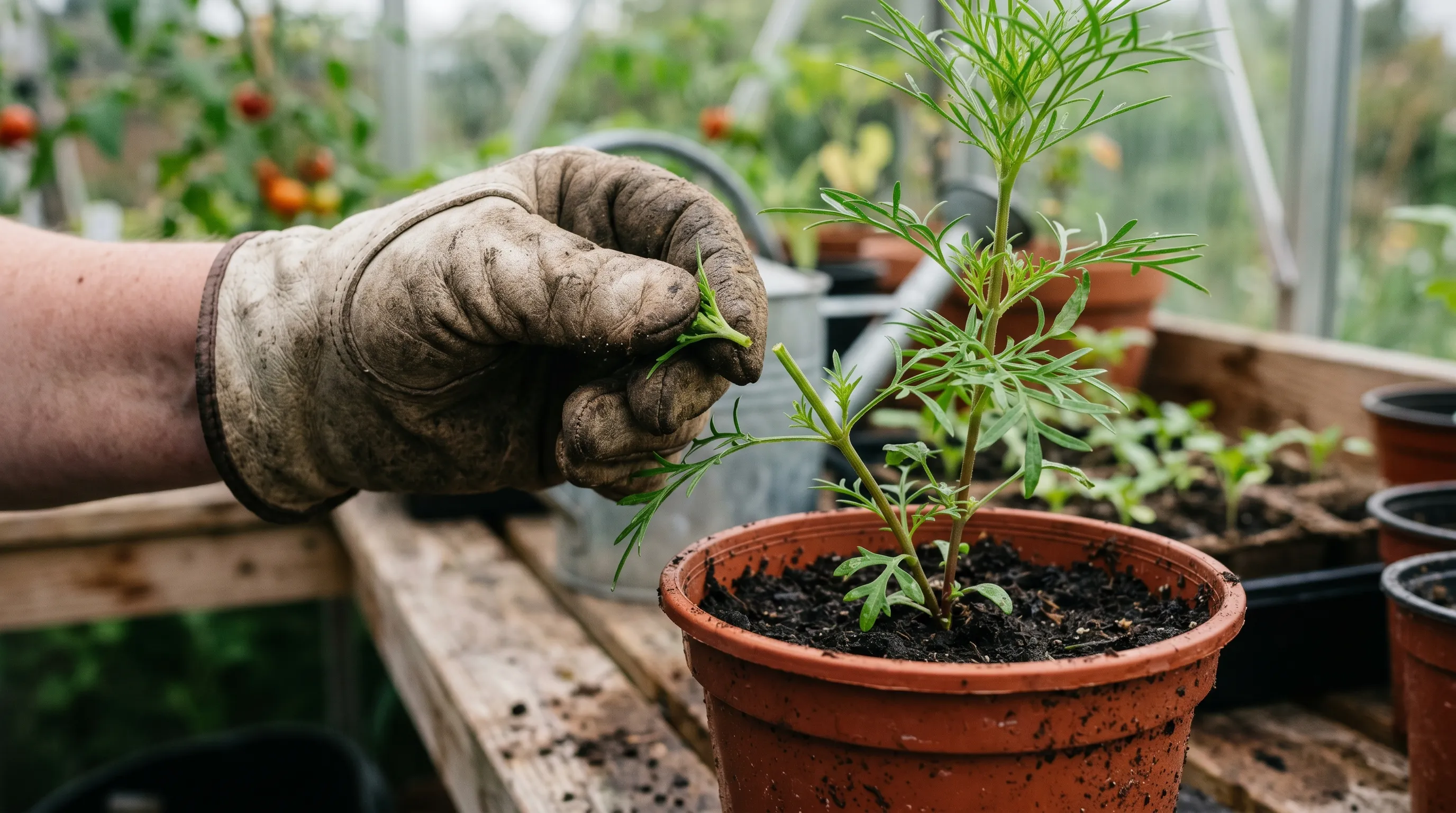 A UK gardener's hand pinching the growing tip out of a young cosmos plant at 200mm tall, with the cut stem held above and the plant in a 12cm pot at potting-on stage