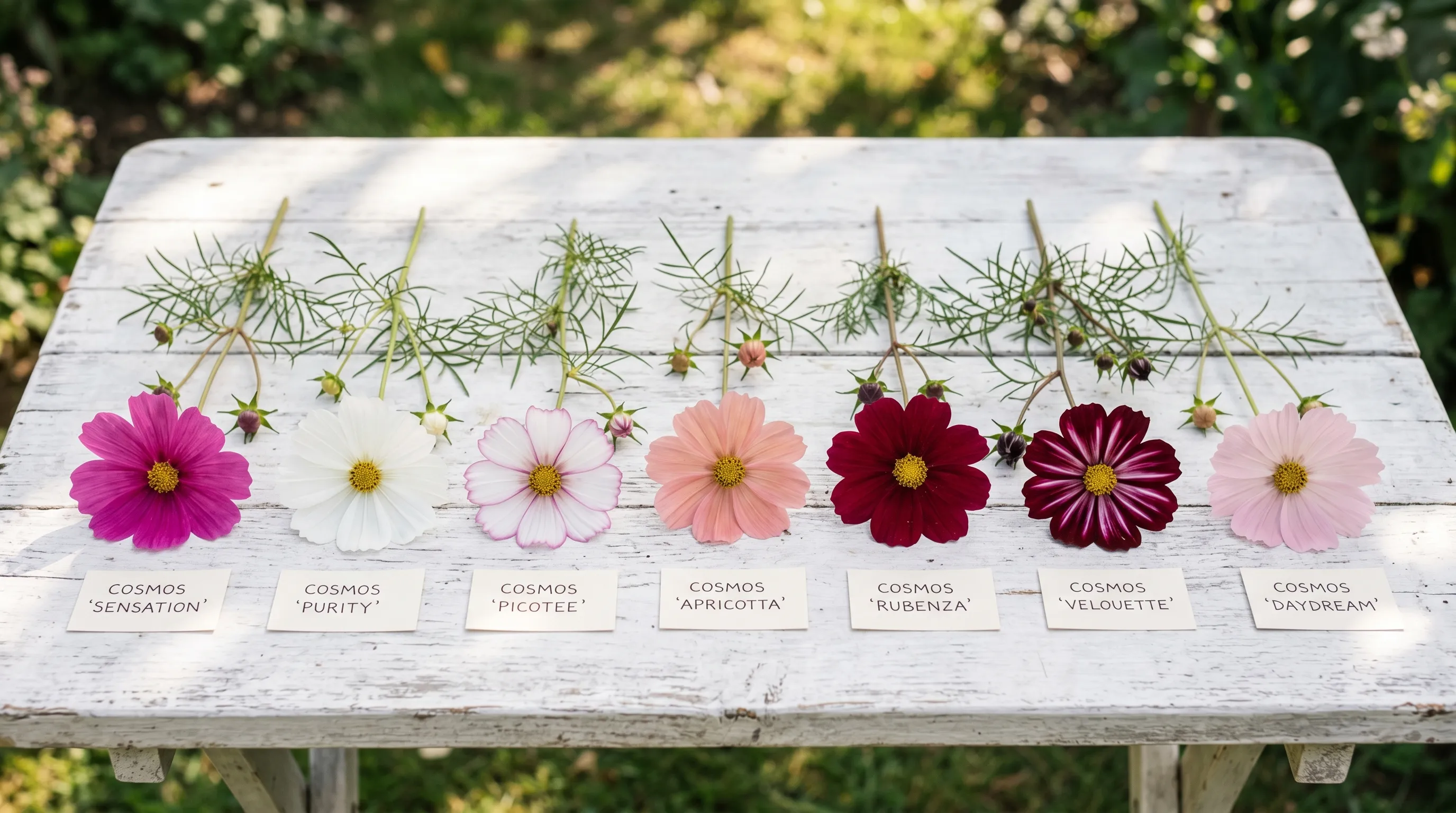 A side-by-side comparison of seven UK cosmos varieties laid out on a white outdoor table: Sensation pink, Purity white, Picotee, Apricotta, Rubenza, Velouette and Daydream, each with a small label