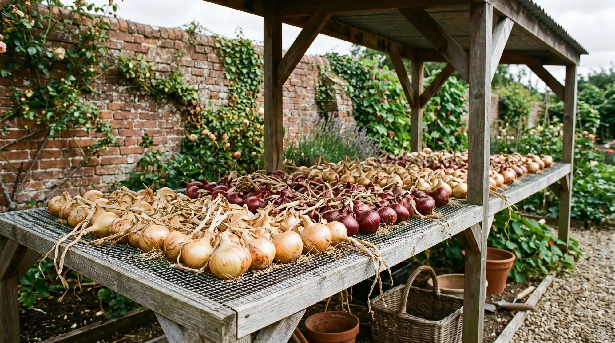 UK onions properly cured outdoors on wire mesh racks under cover for storage in autumn at a Staffordshire kitchen garden