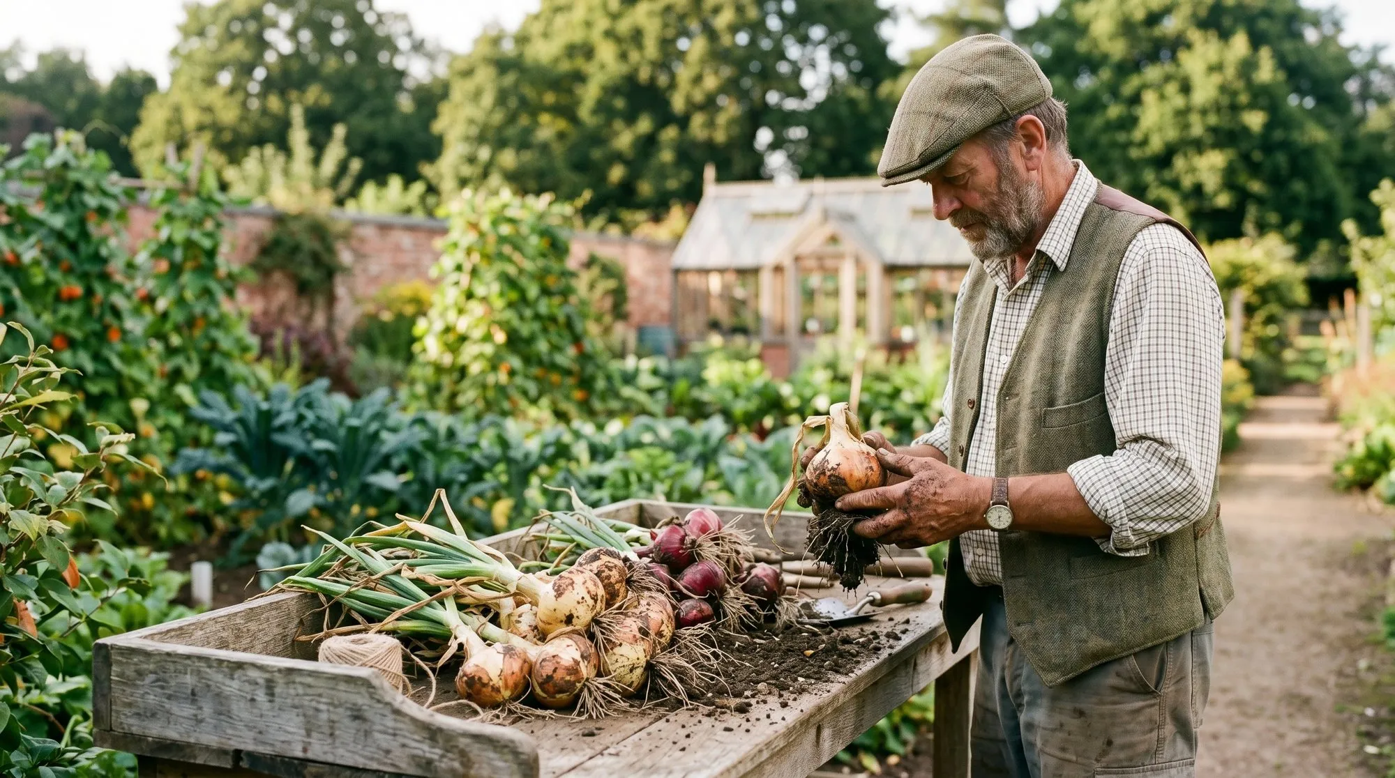 UK gardener inspecting freshly lifted Sturon and Red Baron onions on a wooden bench in a Staffordshire kitchen garden