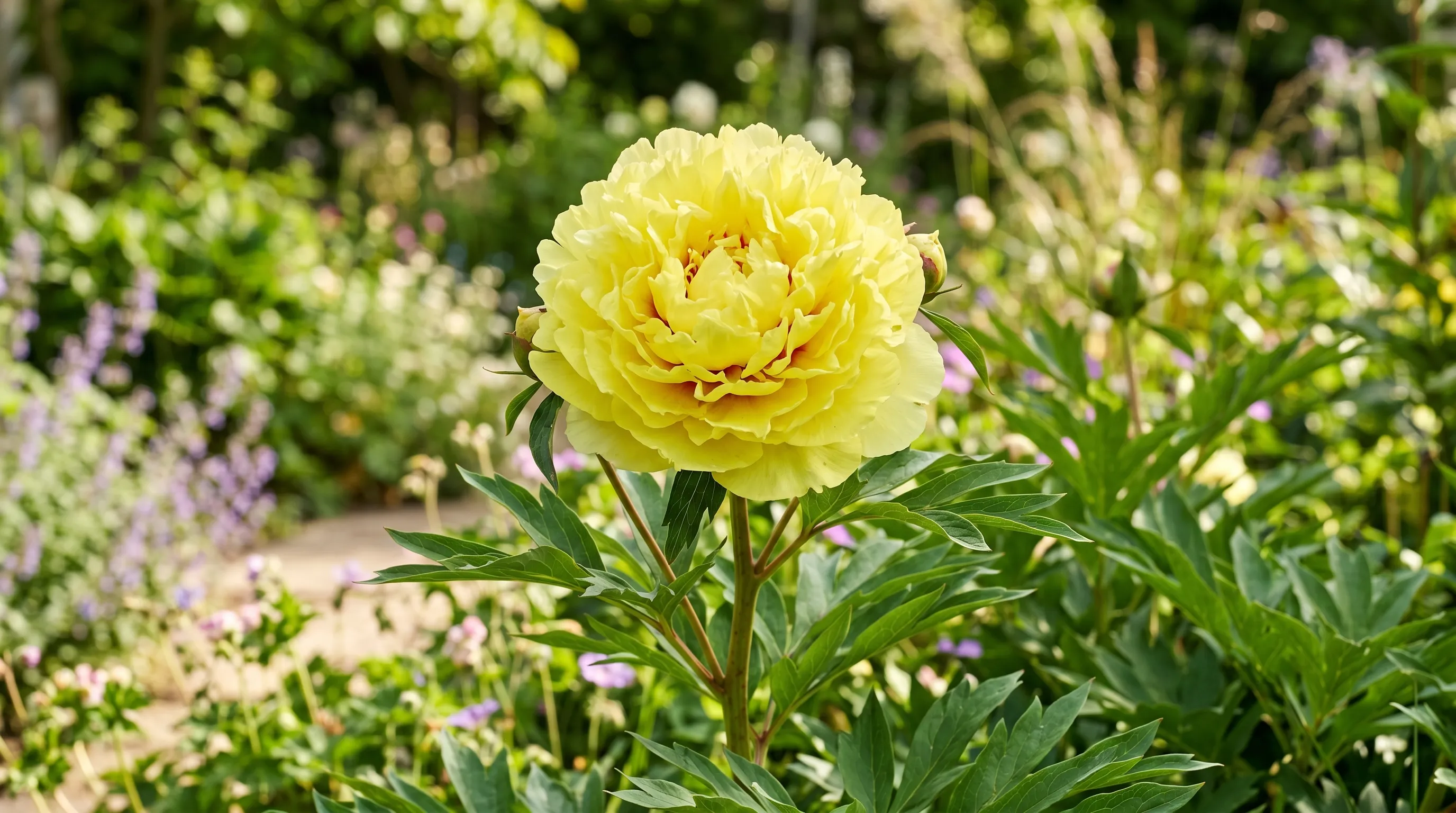 Itoh peony Bartzella in full yellow double flower above strong herbaceous foliage in June