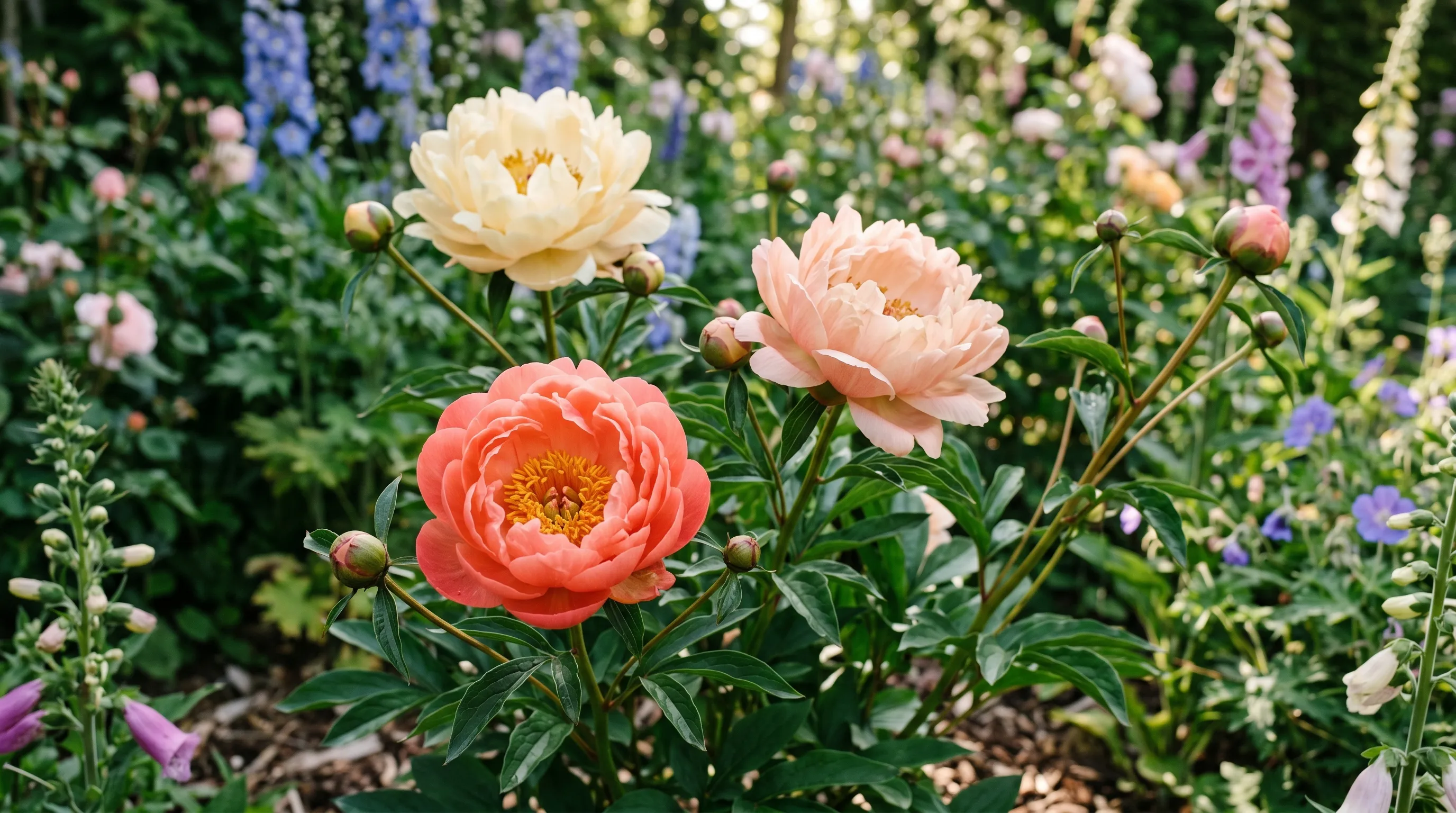 Paeonia Coral Charm in mid-flower showing the colour transition from deep coral to pale apricot