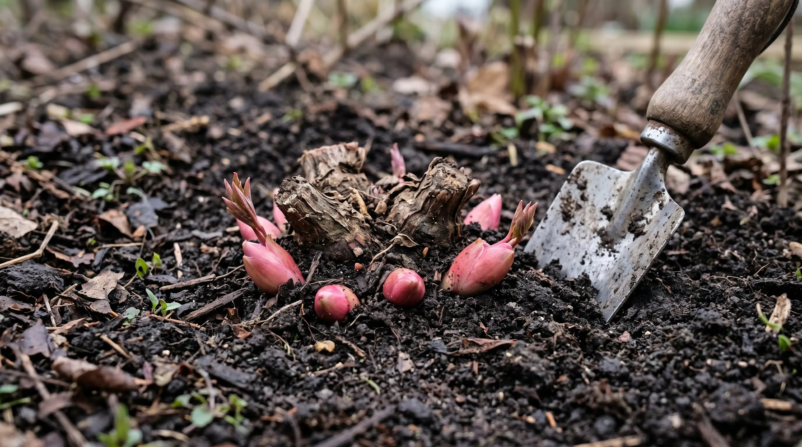 Peony crown showing the pink-tipped eyes that must sit no deeper than 25mm below soil surface