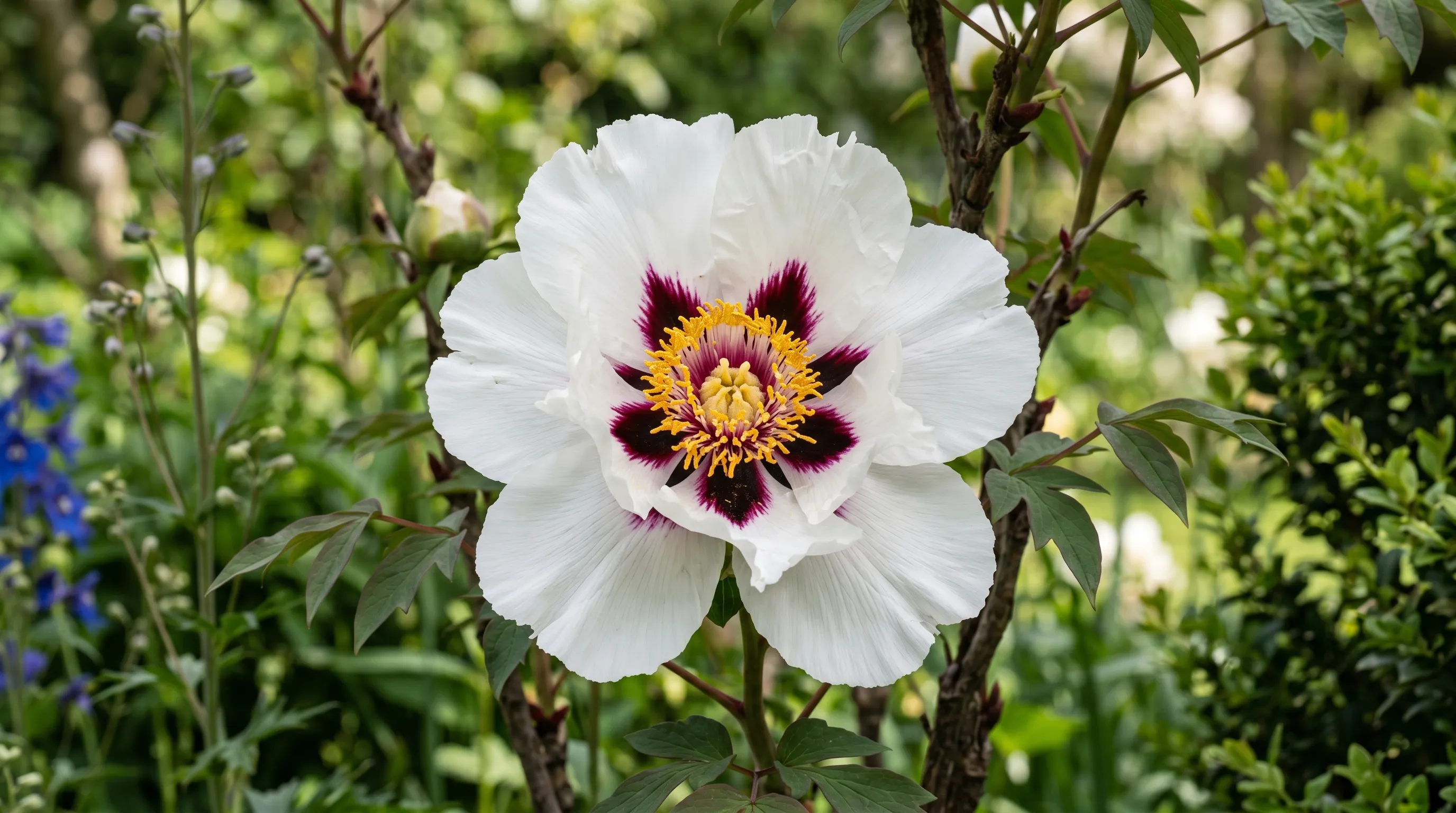 Tree peony Joseph Rock with white flowers and dark maroon centre flares in late April