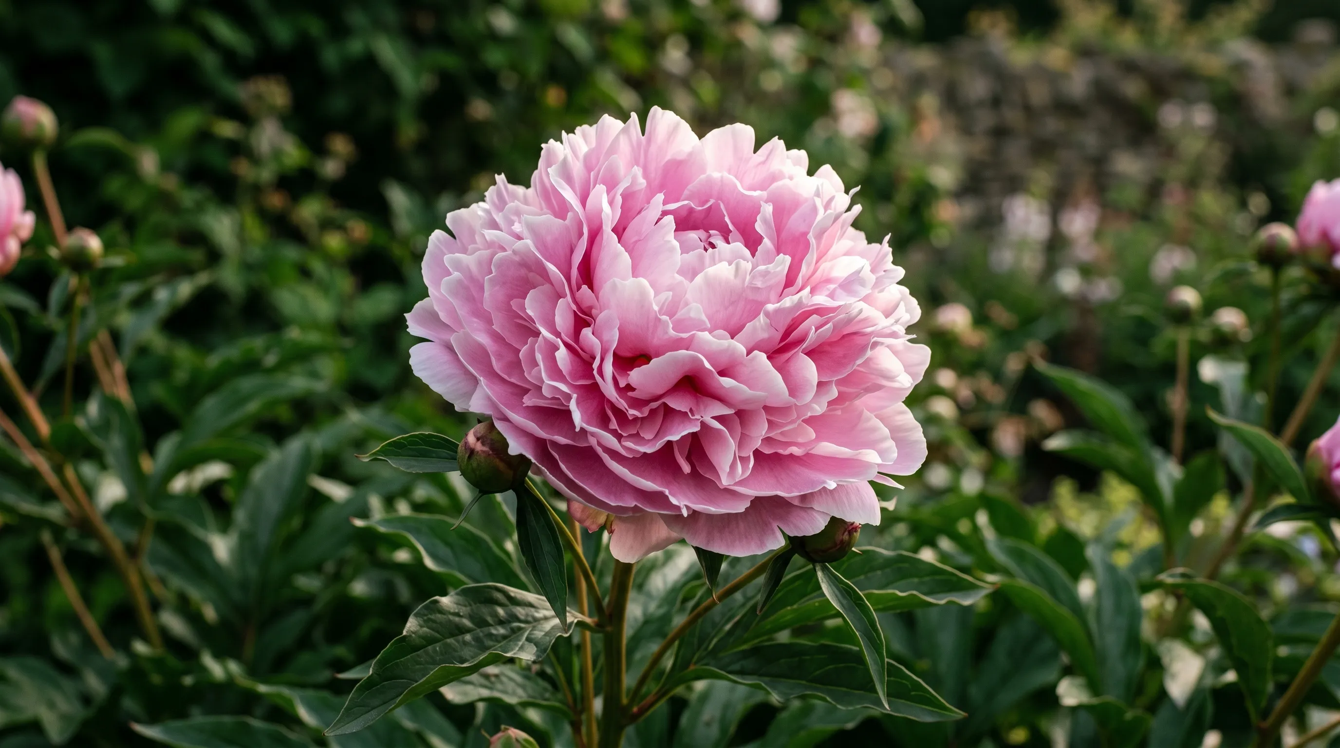 Paeonia lactiflora Sarah Bernhardt in full pink double flower with another bloom opening behind