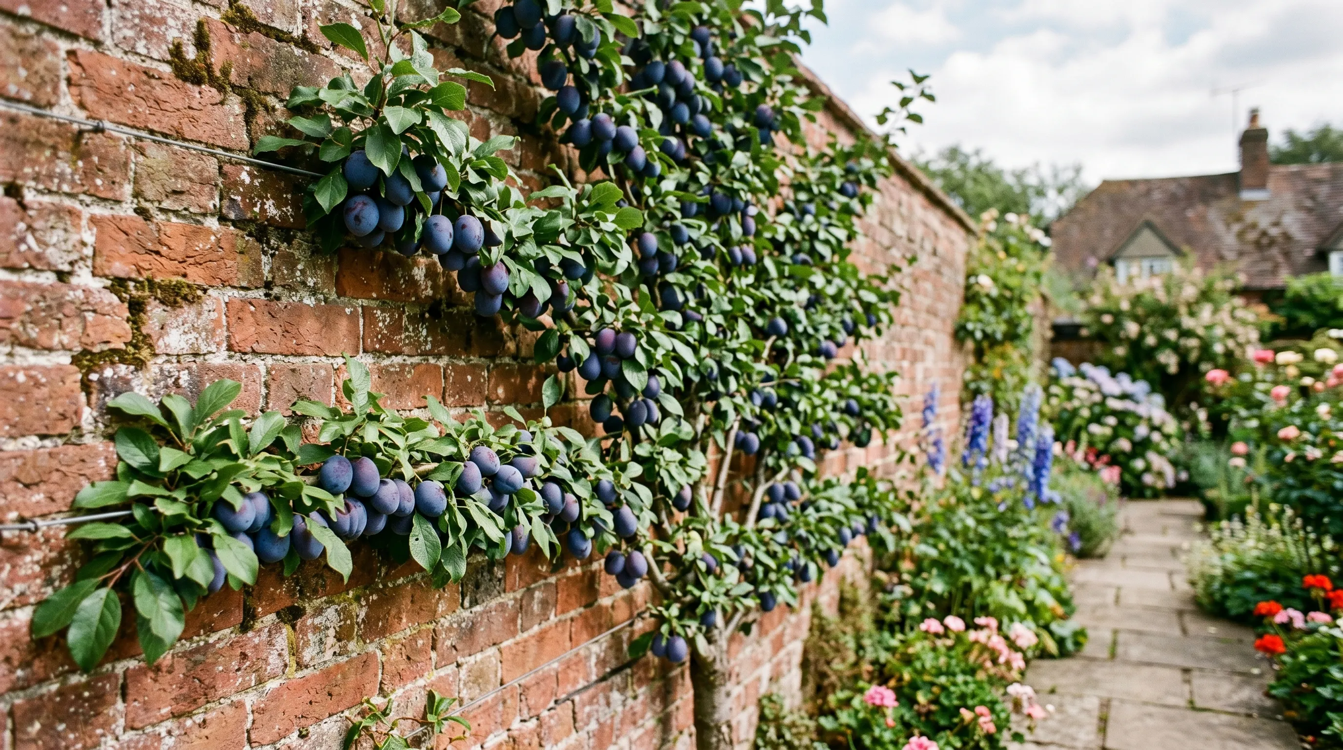 Fan trained plum tree against UK garden wall in late summer with ripe fruit showing space-saving training