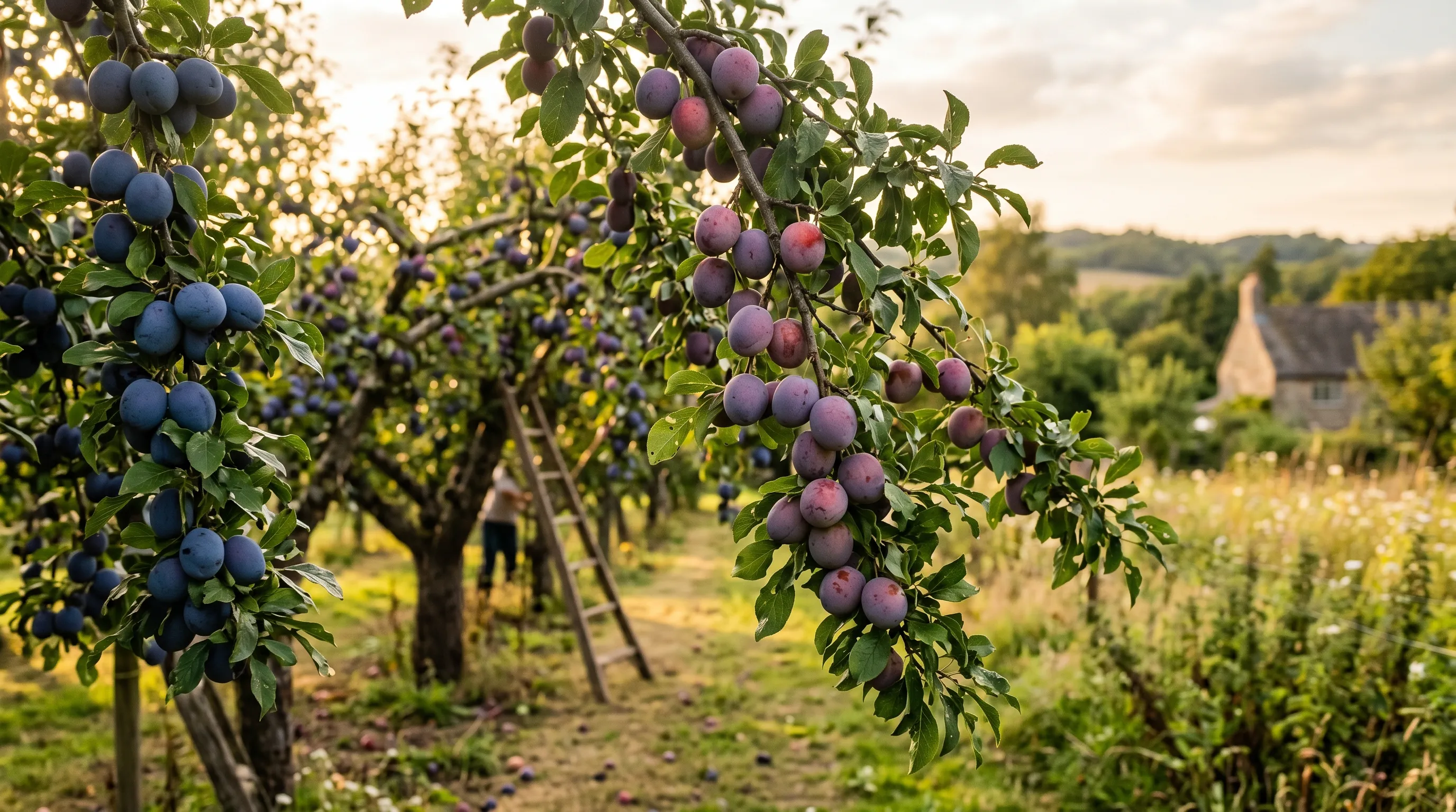 Best UK plum tree varieties showing Victoria, Marjorie's Seedling and Czar plums ripening on mature trees in a Staffordshire orchard