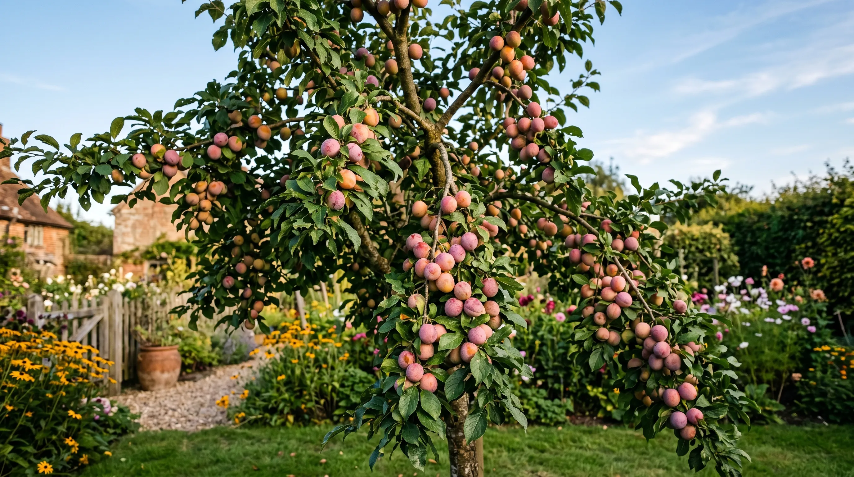Mature UK plum tree heavy with ripening fruit showing year five mature cropping at peak harvest
