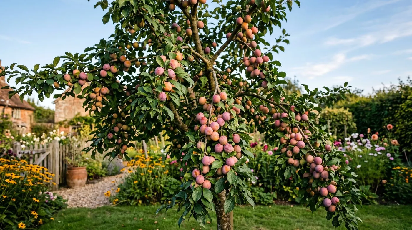 Mature UK plum tree heavy with ripening fruit showing year five mature cropping at peak harvest
