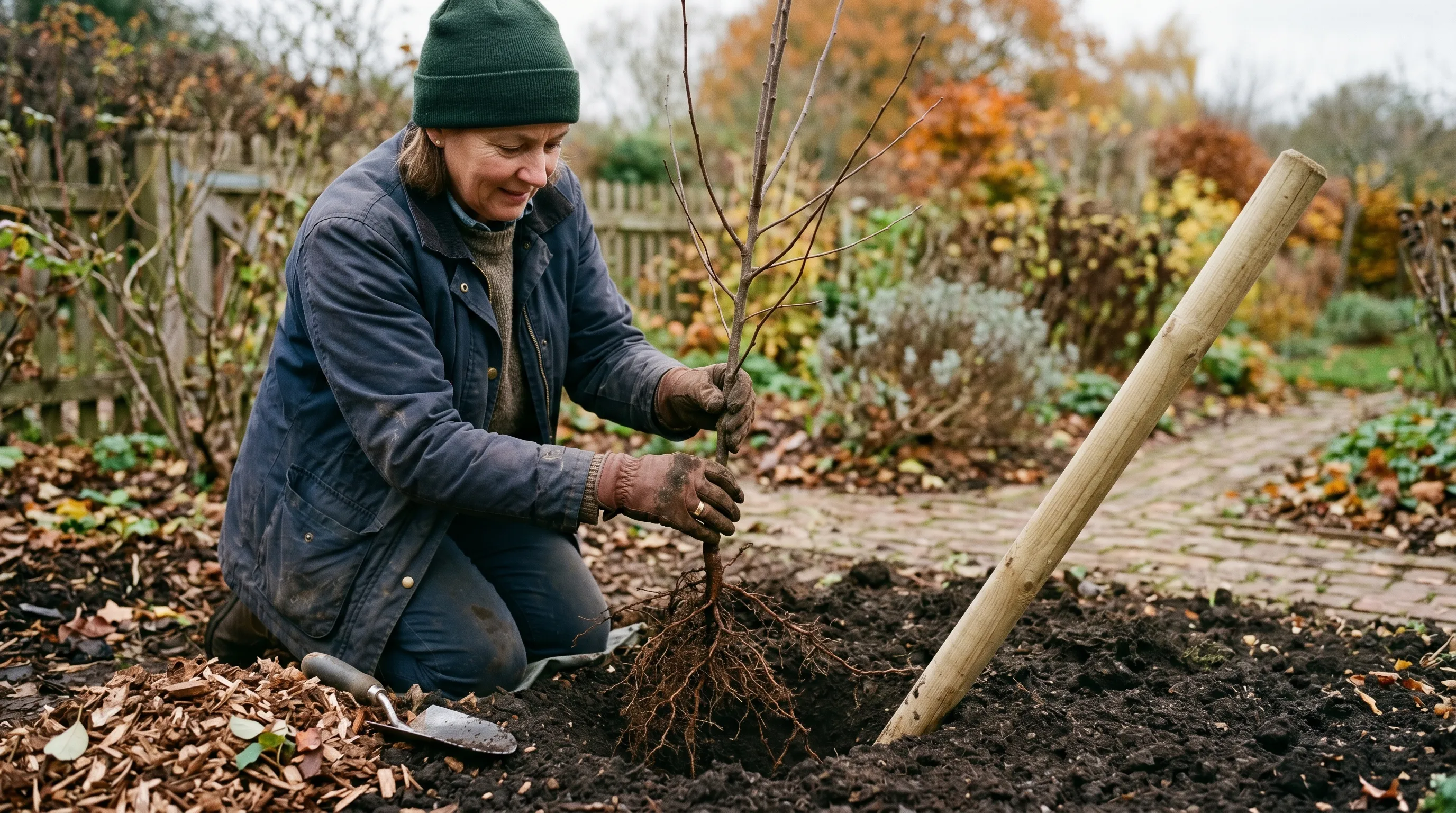 UK gardener planting bare-root plum tree in autumn garden bed with stake and mulch ring on heavy clay soil