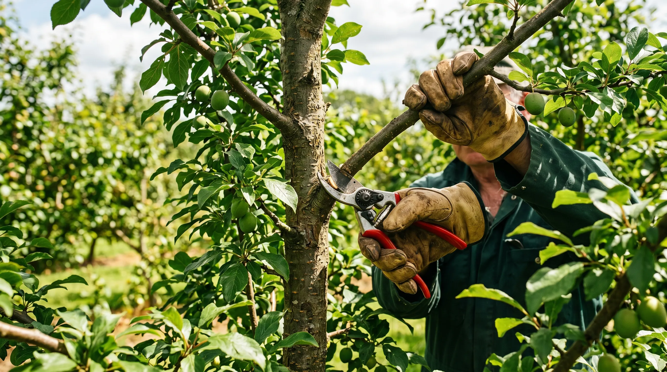 Pruning a UK plum tree in late June showing dry weather summer cuts to prevent silver leaf disease