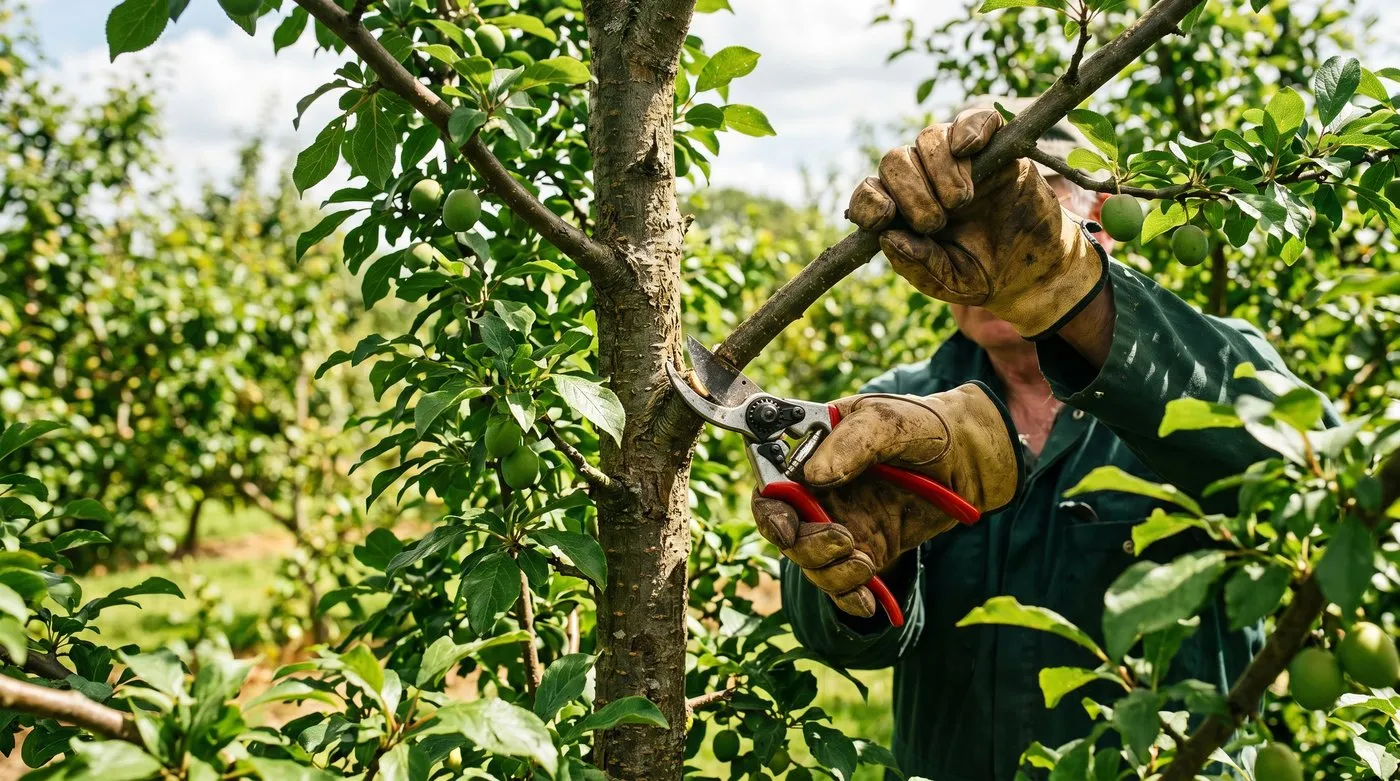 Pruning a UK plum tree in late June showing dry weather summer cuts to prevent silver leaf disease