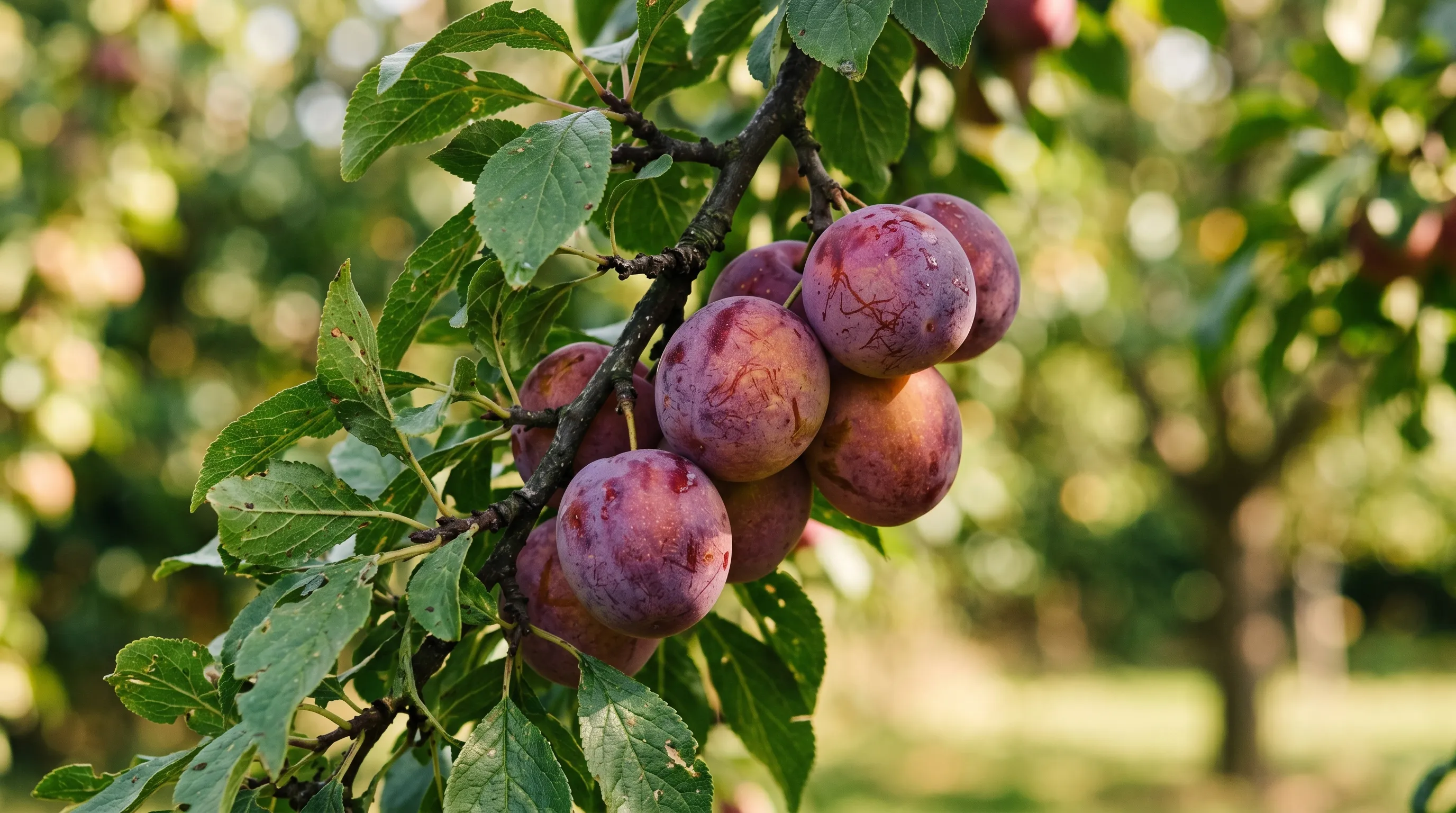 Macro photograph close up of ripe Victoria plums on mature UK plum tree branch with leaves in summer sun