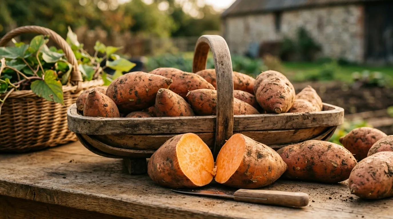 Editorial close-up of Beauregard sweet potatoes piled in a wooden trug with one cut to show vivid orange flesh