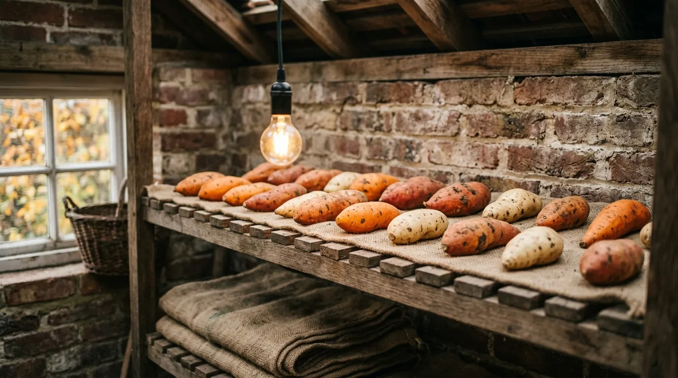 Editorial photograph of orange sweet potatoes curing on hessian-lined wooden shelves in a warm Kent shed