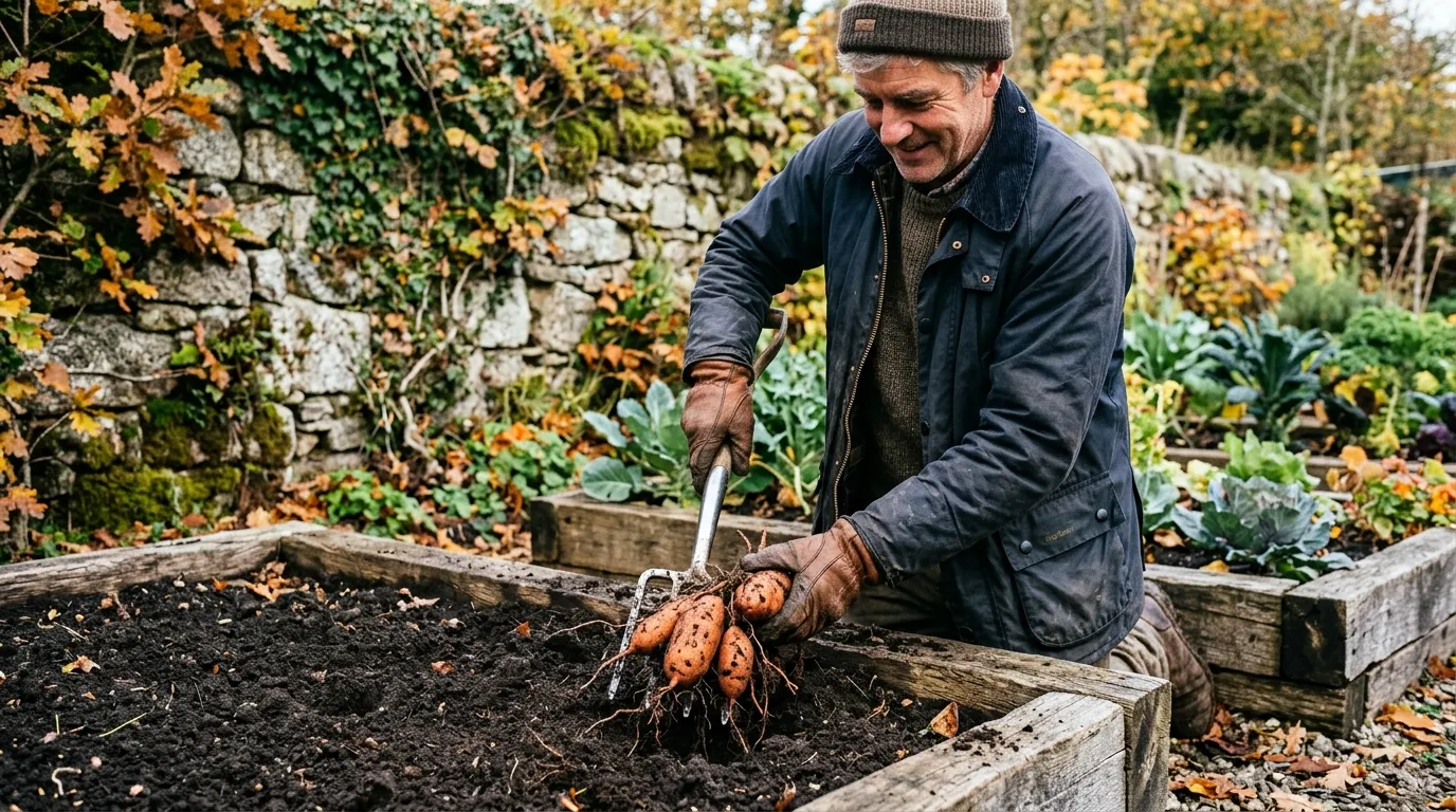 Editorial photograph of a gardener lifting orange sweet potato tubers with a steel fork from a Cornish raised bed in October