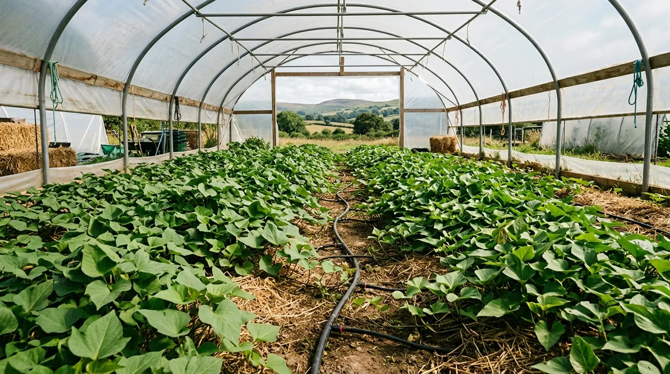 Editorial wide-angle photograph inside a Welsh polytunnel showing sweet potato vines sprawling across the soil floor with drip irrigation