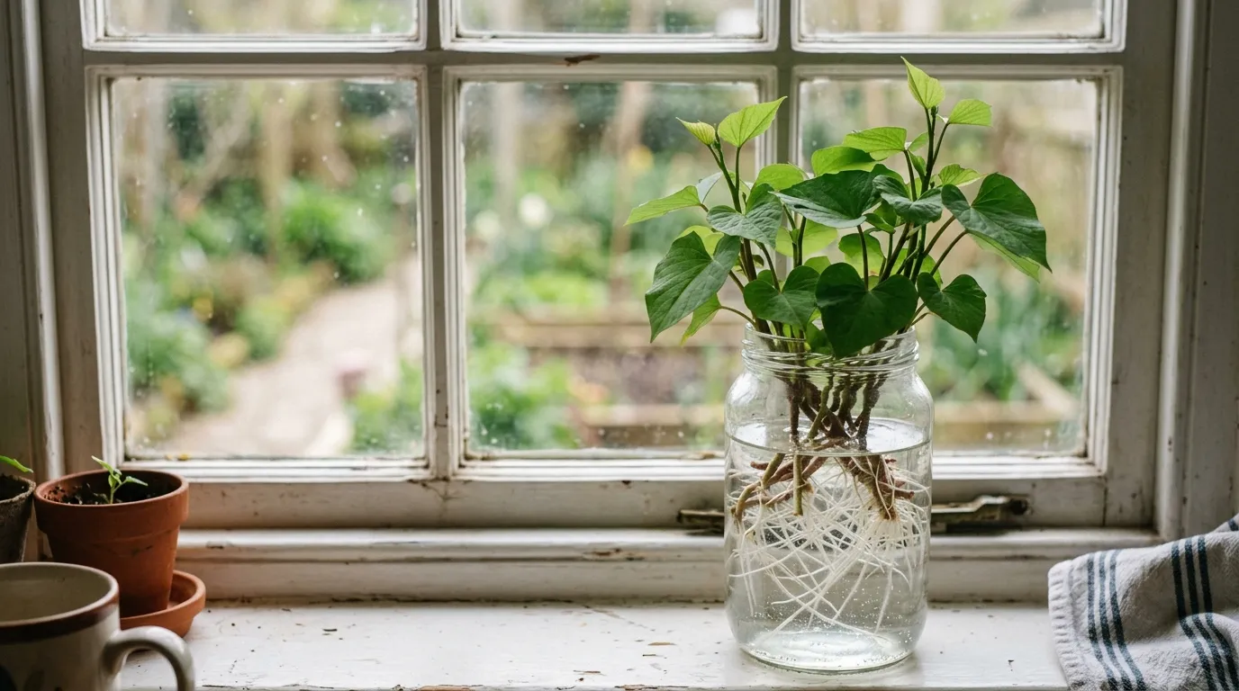 Editorial photograph of sweet potato slips rooting in a glass jar of water on a UK kitchen windowsill with white roots forming