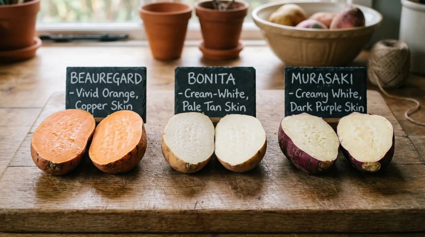 Editorial diagnostic photograph showing three sweet potato varieties sliced lengthways on a Norfolk kitchen worktop