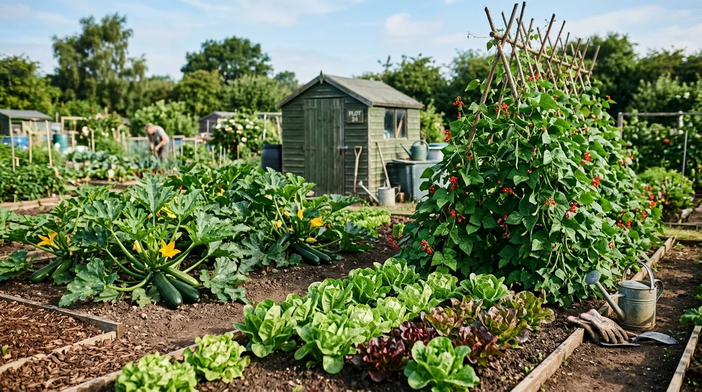 Productive UK vegetable allotment with neat rows of lettuce, runner beans on a wigwam, and courgettes in full production
