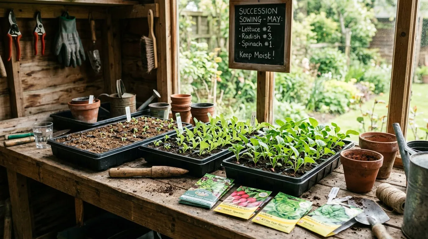 Vegetable seed trays at different stages of growth in a UK garden shed with seed packets and terracotta pots